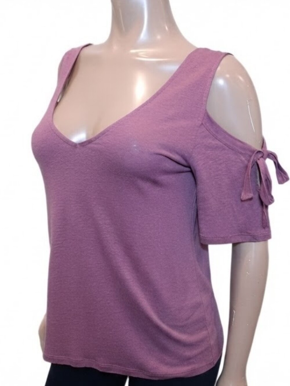 Hinge Cold Shoulder Top Self Tie Short Sleeve Linen Purple Womens Size Small